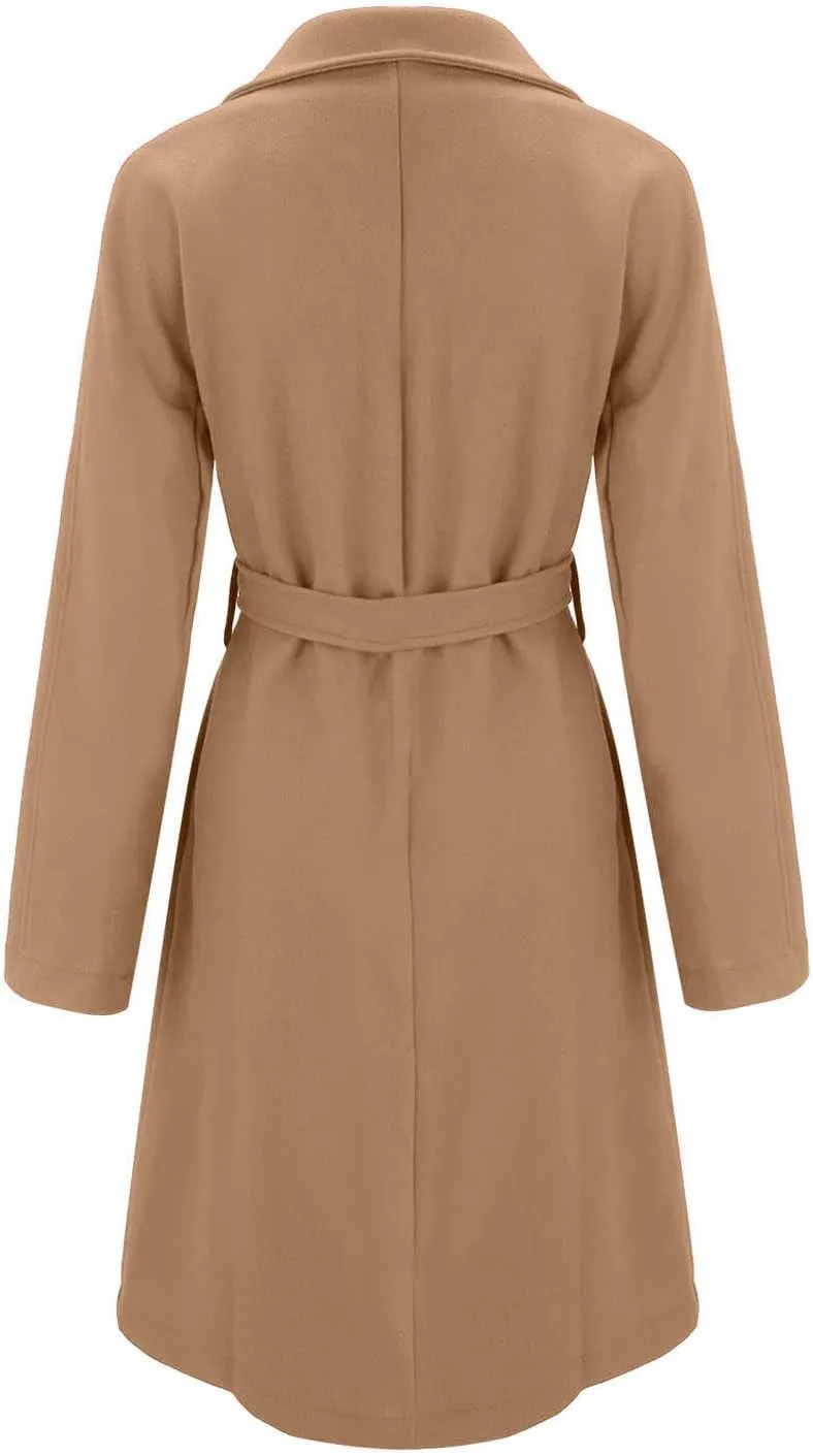 Women's Lapel Collar Double Breasted Wool Blend Coats Winter Pea Overcoat Pocketed Outwear with Belt