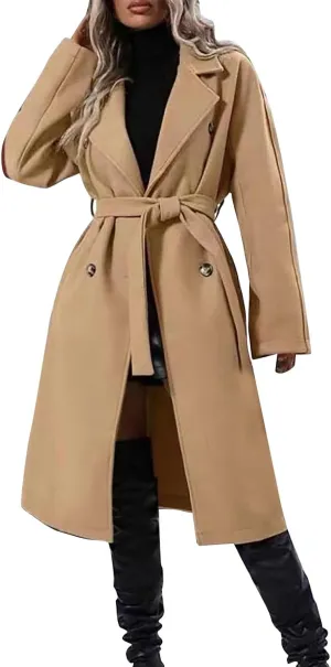 Women's Lapel Collar Double Breasted Wool Blend Coats Winter Pea Overcoat Pocketed Outwear with Belt