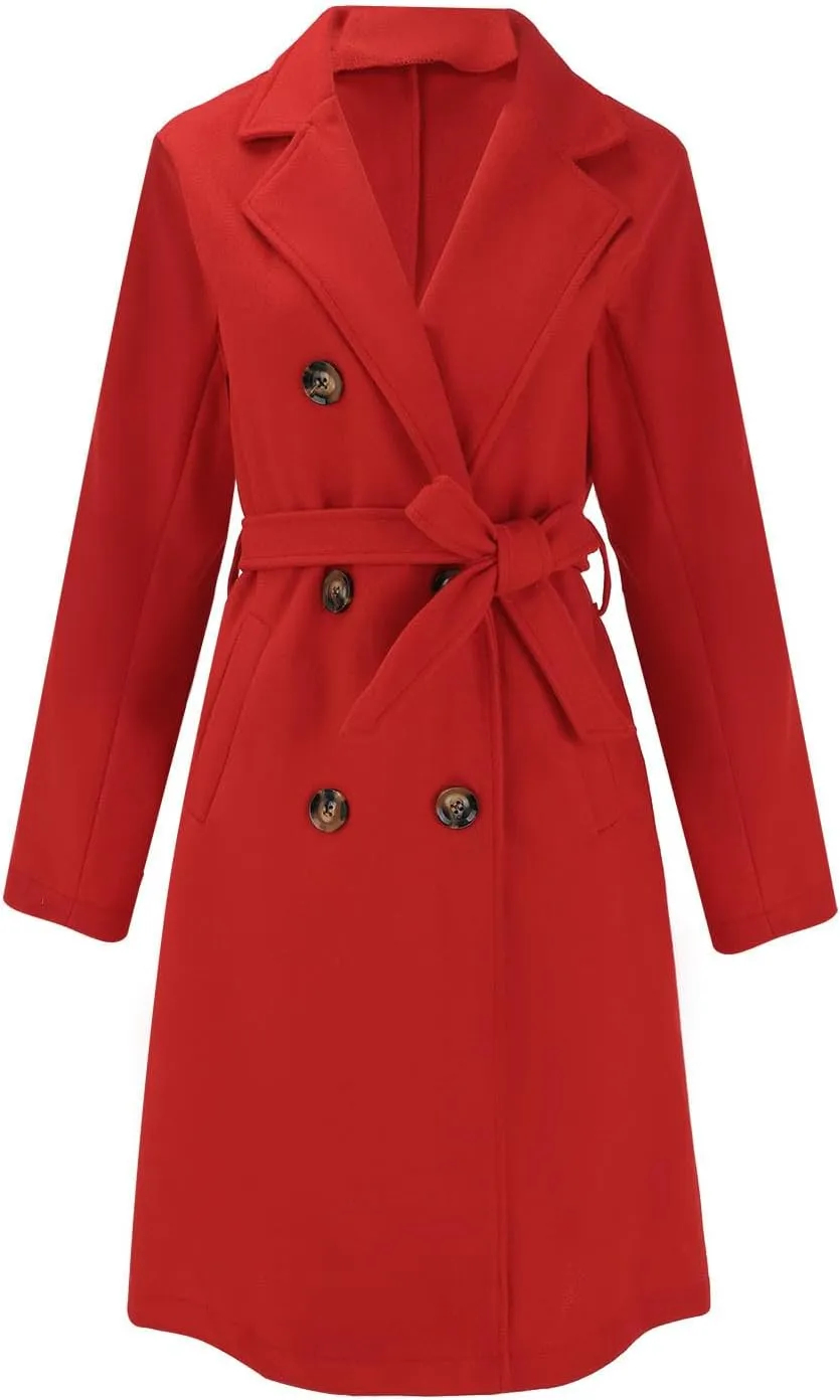 Women's Lapel Collar Double Breasted Wool Blend Coats Winter Pea Overcoat Pocketed Outwear with Belt