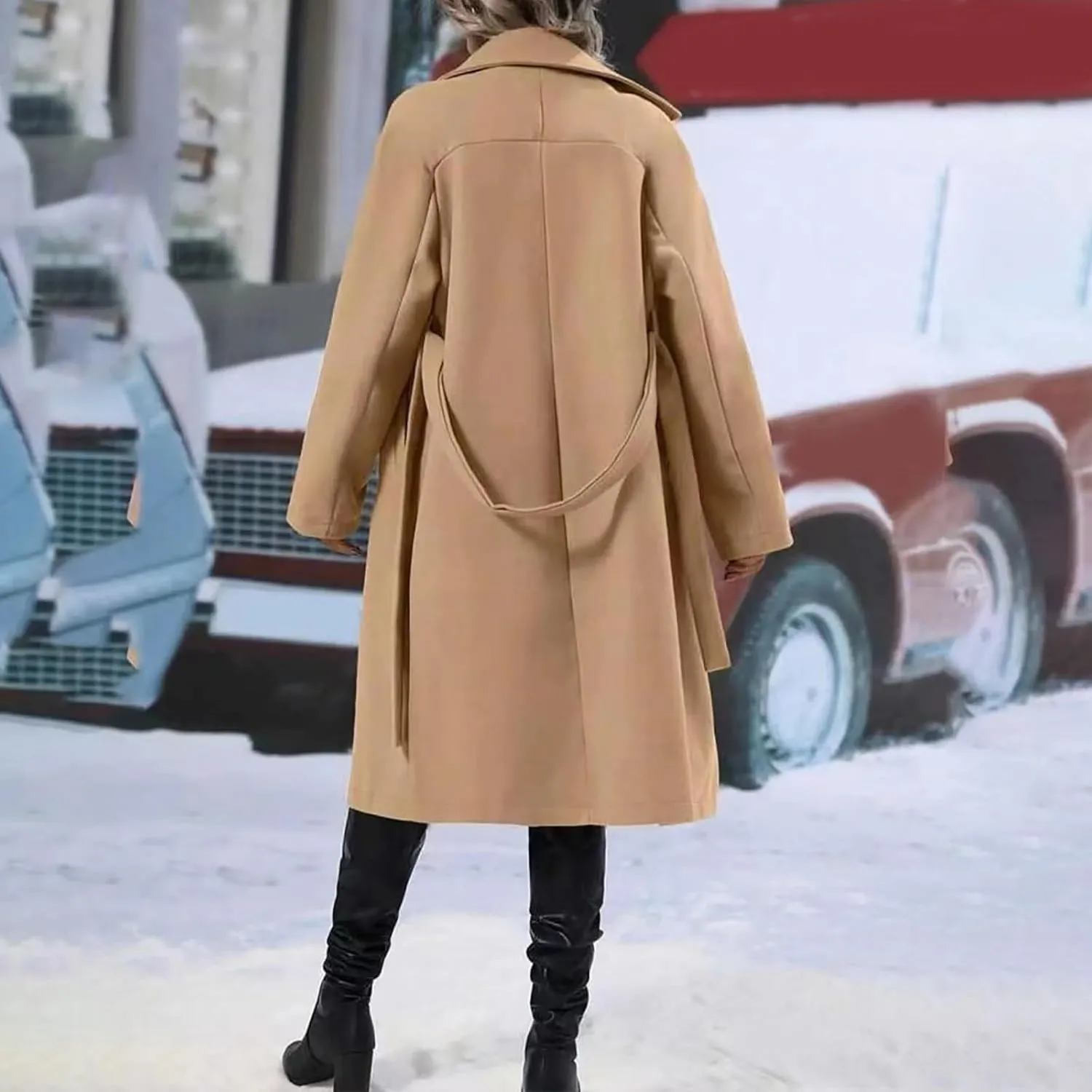 Women's Lapel Collar Double Breasted Wool Blend Coats Winter Pea Overcoat Pocketed Outwear with Belt