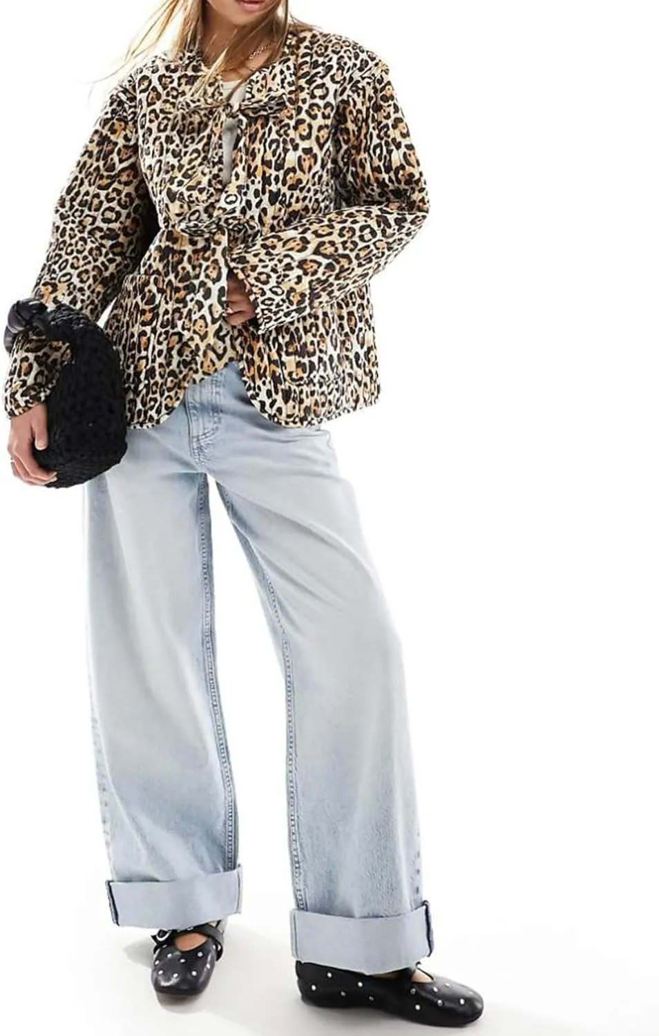 Women's Leopard Quilted Jacket Tie Front Lightweight Puffer Padded Coats with Pockets