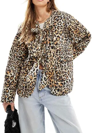 Women's Leopard Quilted Jacket Tie Front Lightweight Puffer Padded Coats with Pockets