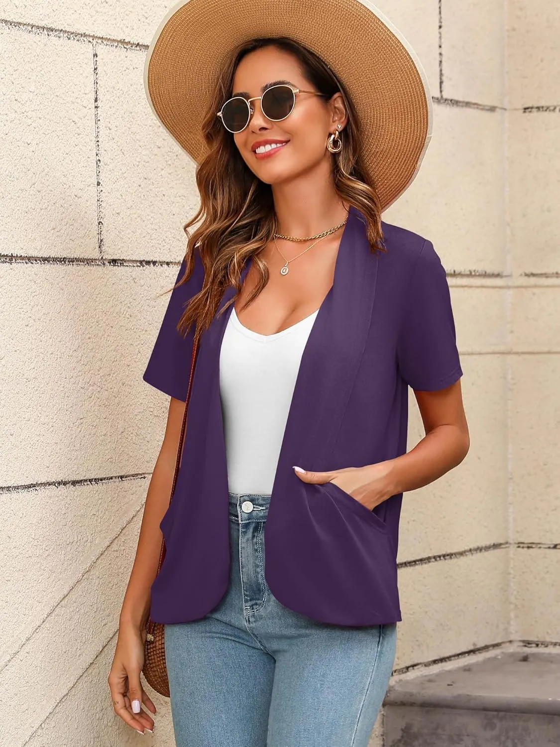 Women's Lightweight Open Front Cardigans Short Sleeve Casual Soft Summer Cardigan With Pockets S-2XL