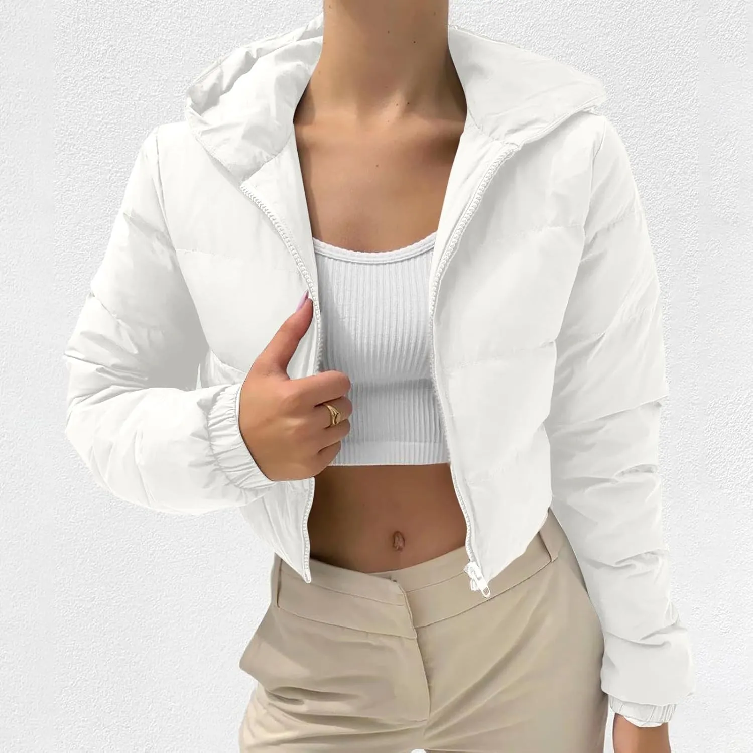 Women's Lightweight Quilted Jackets Winter Long Sleeve Cropped Puffer Down Jackets Fashion Short Hooded Padded Coats