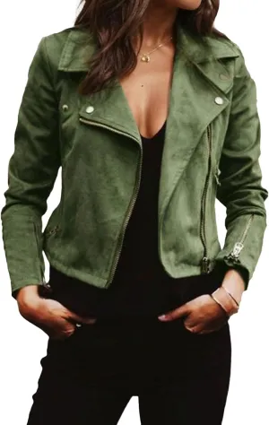 Women's Lightweight Suede Motorcycle Jacket Casual Asymmetrical Zip-up Cropped Faux Leather Fitted Coats Outerwear