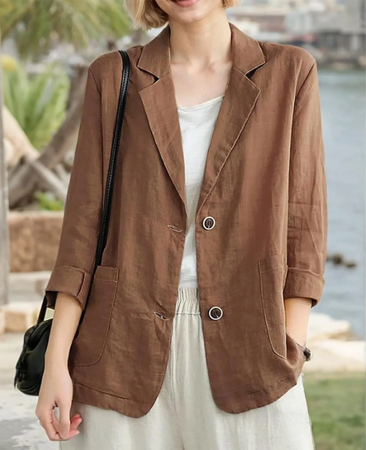 Womens Linen Blazer 3/4 Sleeve Notch Lapel Summer Casual Blazers Jackets with Pockets