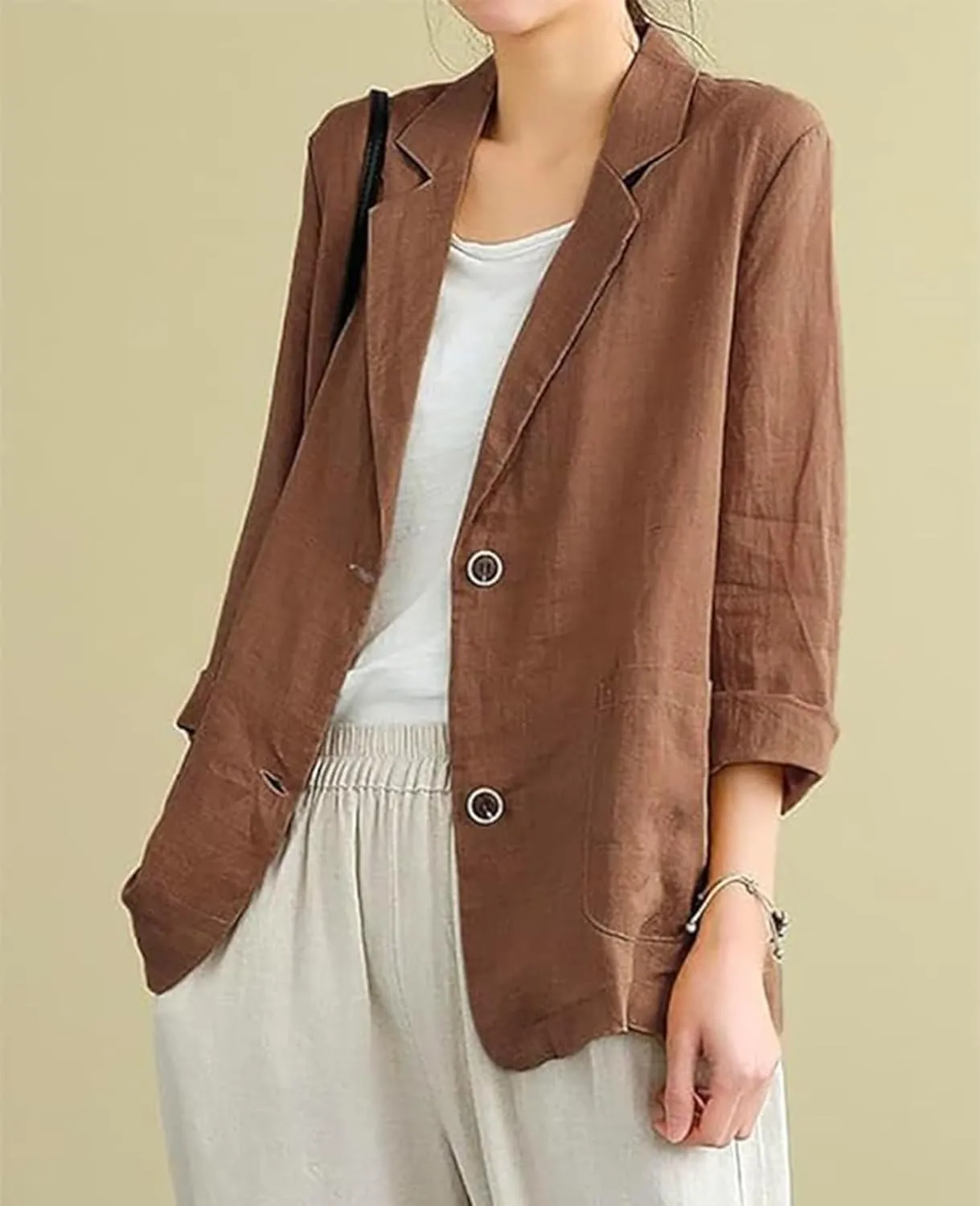 Womens Linen Blazer 3/4 Sleeve Notch Lapel Summer Casual Blazers Jackets with Pockets