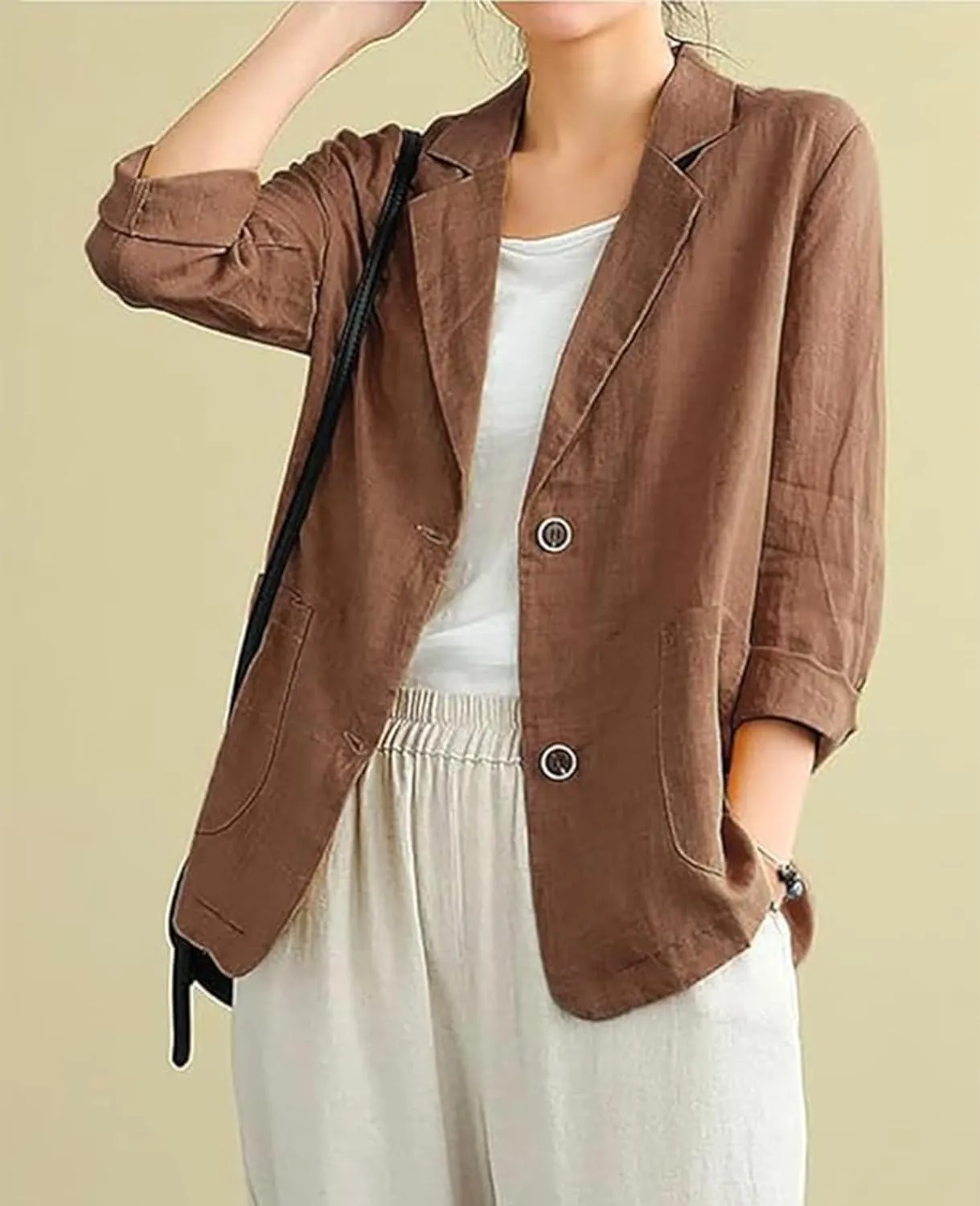 Womens Linen Blazer 3/4 Sleeve Notch Lapel Summer Casual Blazers Jackets with Pockets