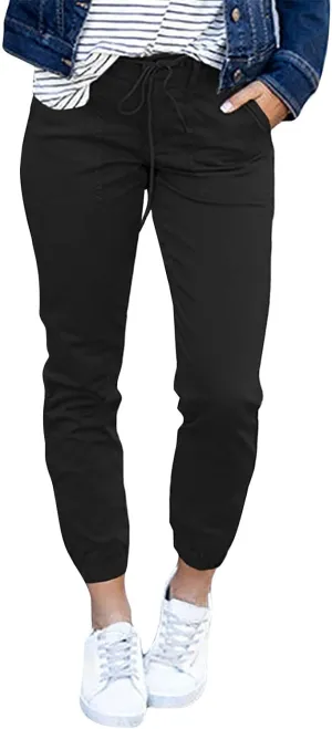 Womens Linen Cargo Joggers Casual Stretch Drawstring High Waist Pants Summer Lightweight Hiking Pants with Pocket