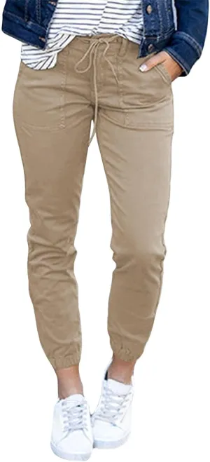 Womens Linen Cargo Joggers Casual Stretch Drawstring High Waist Pants Summer Lightweight Hiking Pants with Pocket