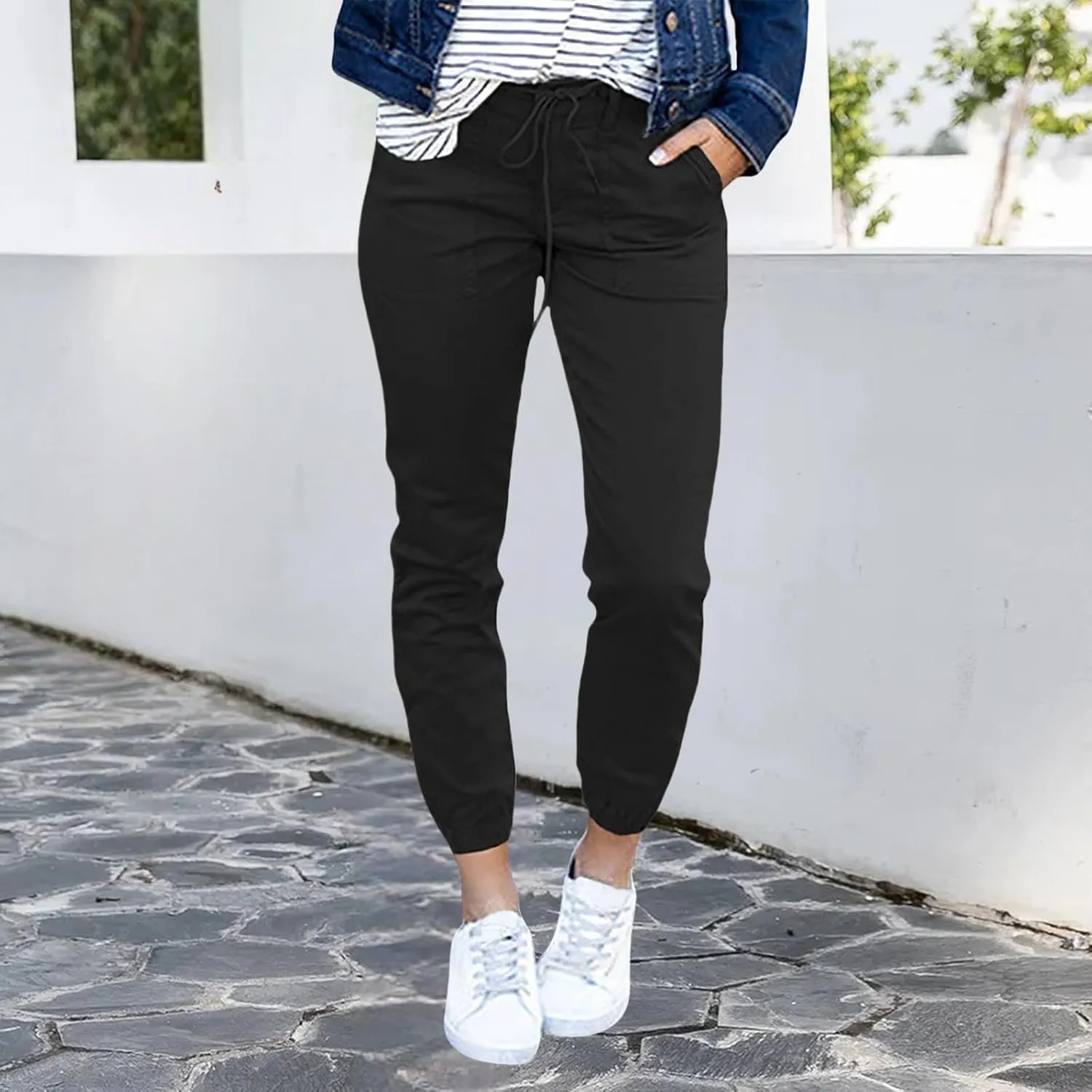 Womens Linen Cargo Joggers Casual Stretch Drawstring High Waist Pants Summer Lightweight Hiking Pants with Pocket