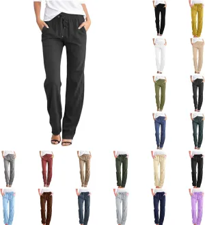 Womens Linen Casual Pants Summer Drawstring Elastic Waist Straight Leg Pants Lounge Comfort Lightweight Trousers with Pockets Wide Leg Pants for Women #1Black, XXXL, 3X-Large
