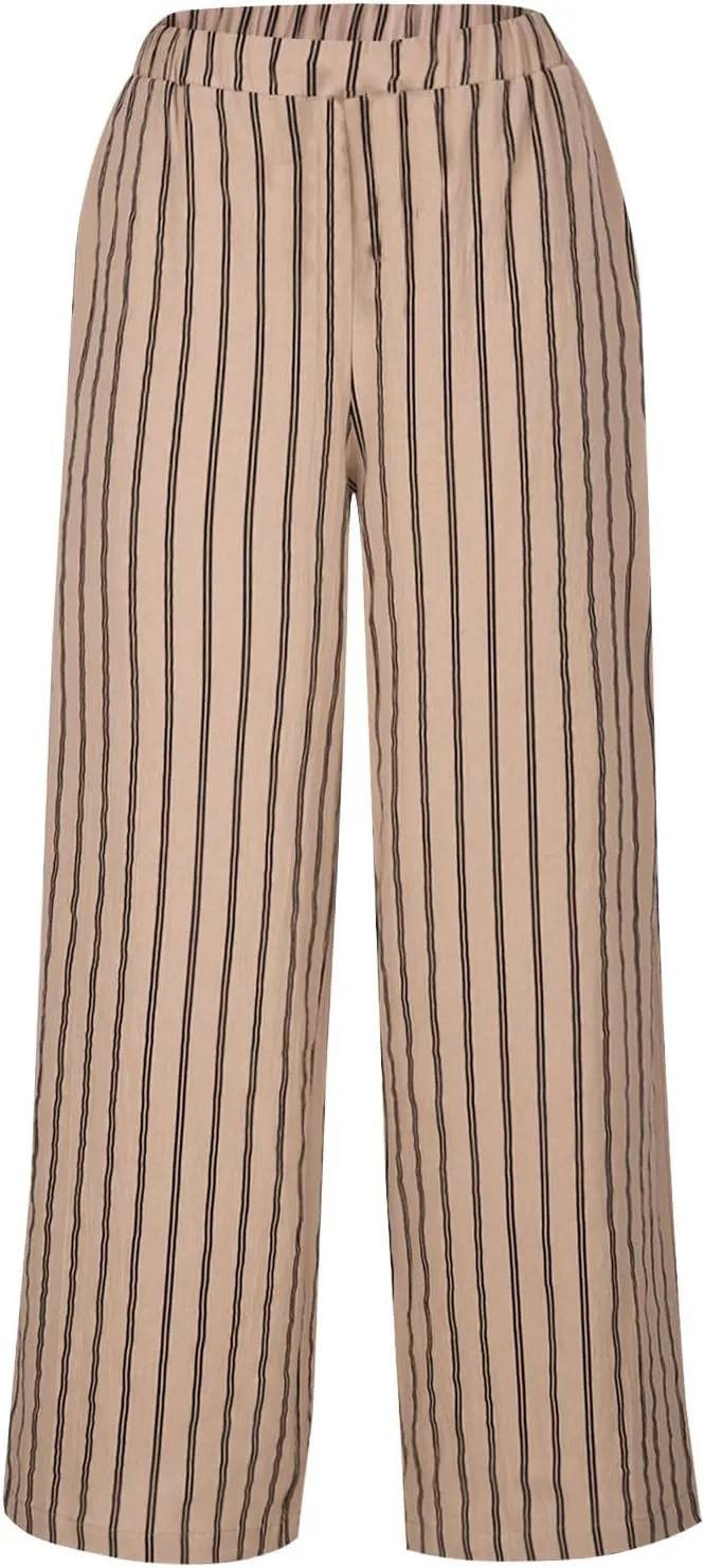 Womens Linen Stripe Pants Summer Boho Pants for 2024 Straight Leg Pants Elastic Waist Pants Loose Fitting Pants