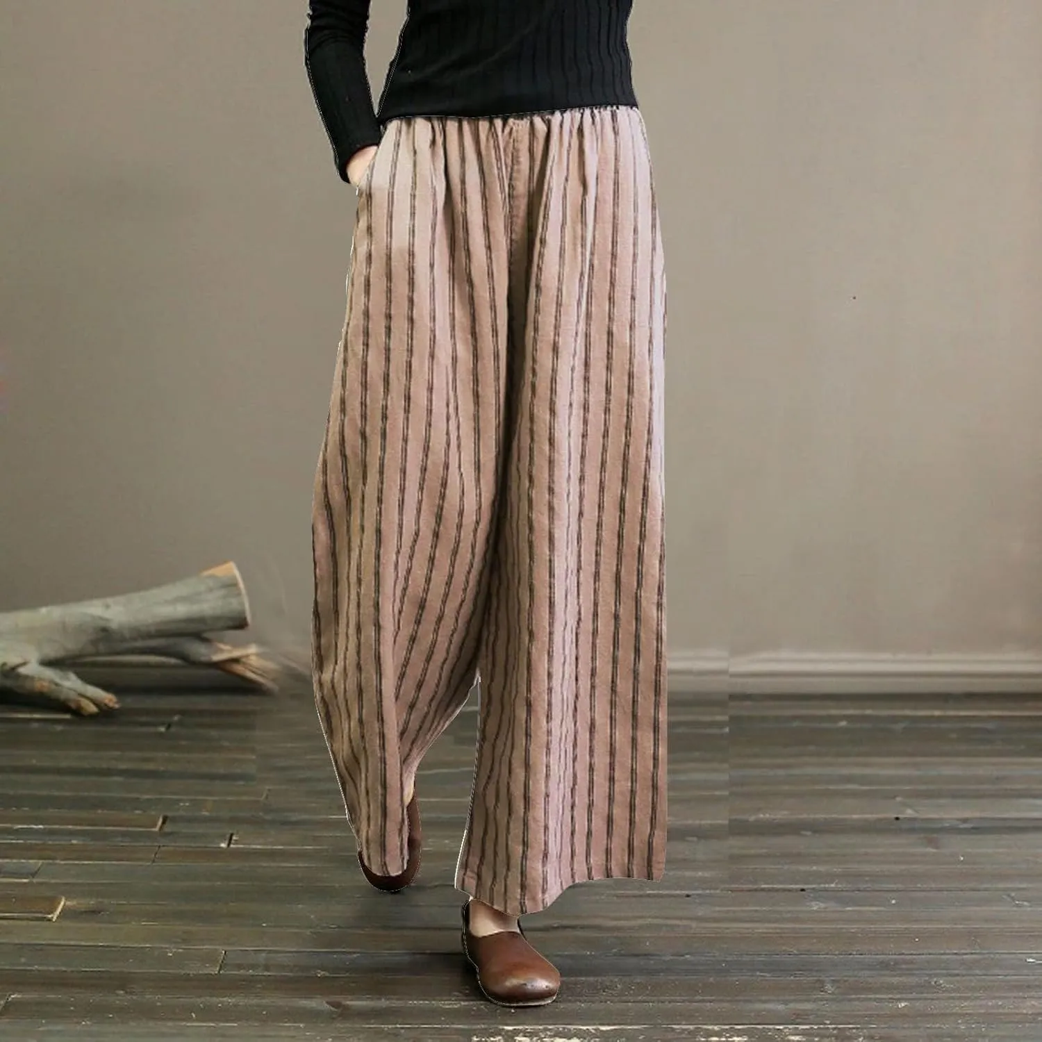 Womens Linen Stripe Pants Summer Boho Pants for 2024 Straight Leg Pants Elastic Waist Pants Loose Fitting Pants