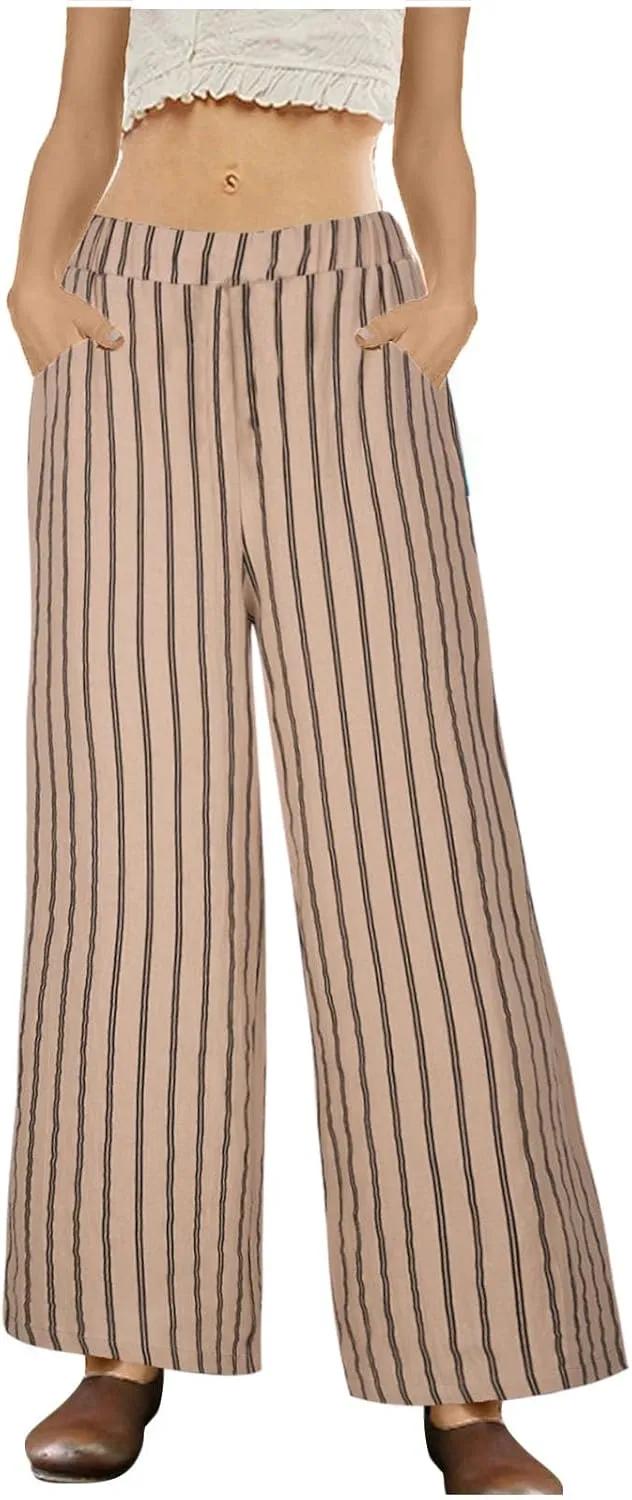 Womens Linen Stripe Pants Summer Boho Pants for 2024 Straight Leg Pants Elastic Waist Pants Loose Fitting Pants