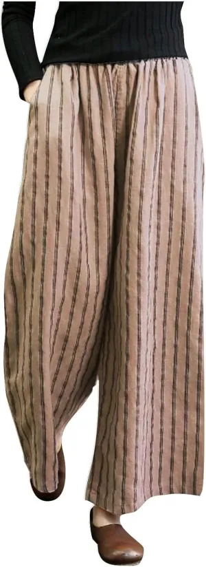 Womens Linen Stripe Pants Summer Boho Pants for 2024 Straight Leg Pants Elastic Waist Pants Loose Fitting Pants