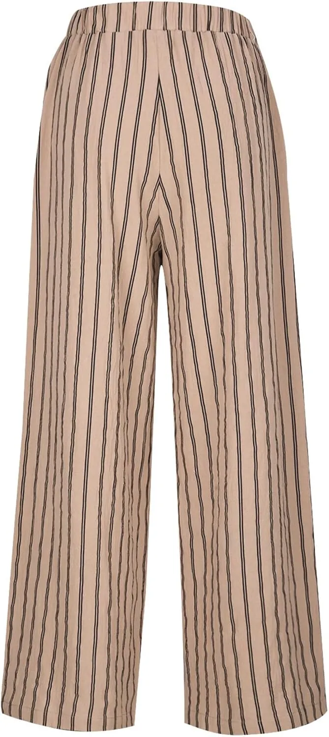 Womens Linen Stripe Pants Summer Boho Pants for 2024 Straight Leg Pants Elastic Waist Pants Loose Fitting Pants
