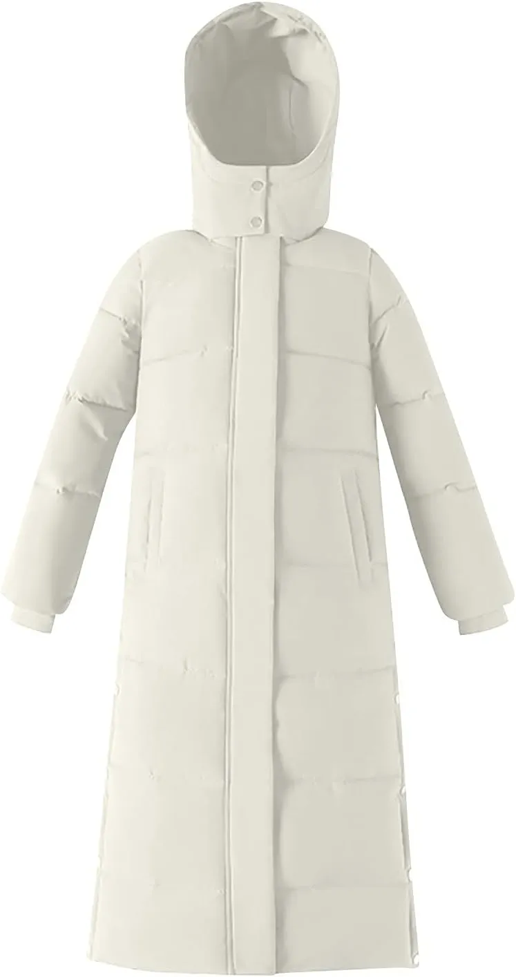 Womens Long Hood Puffer Jackets Winter Warm Down Coats Thicken Button Side Split Quilted Lightweight Jackets Outerwear