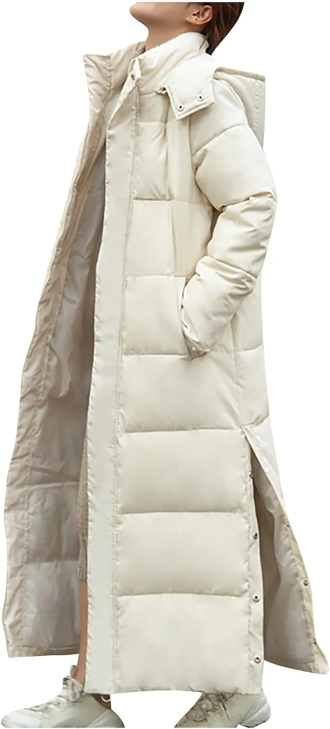 Womens Long Hood Puffer Jackets Winter Warm Down Coats Thicken Button Side Split Quilted Lightweight Jackets Outerwear