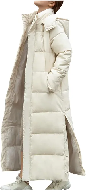 Womens Long Hood Puffer Jackets Winter Warm Down Coats Thicken Button Side Split Quilted Lightweight Jackets Outerwear