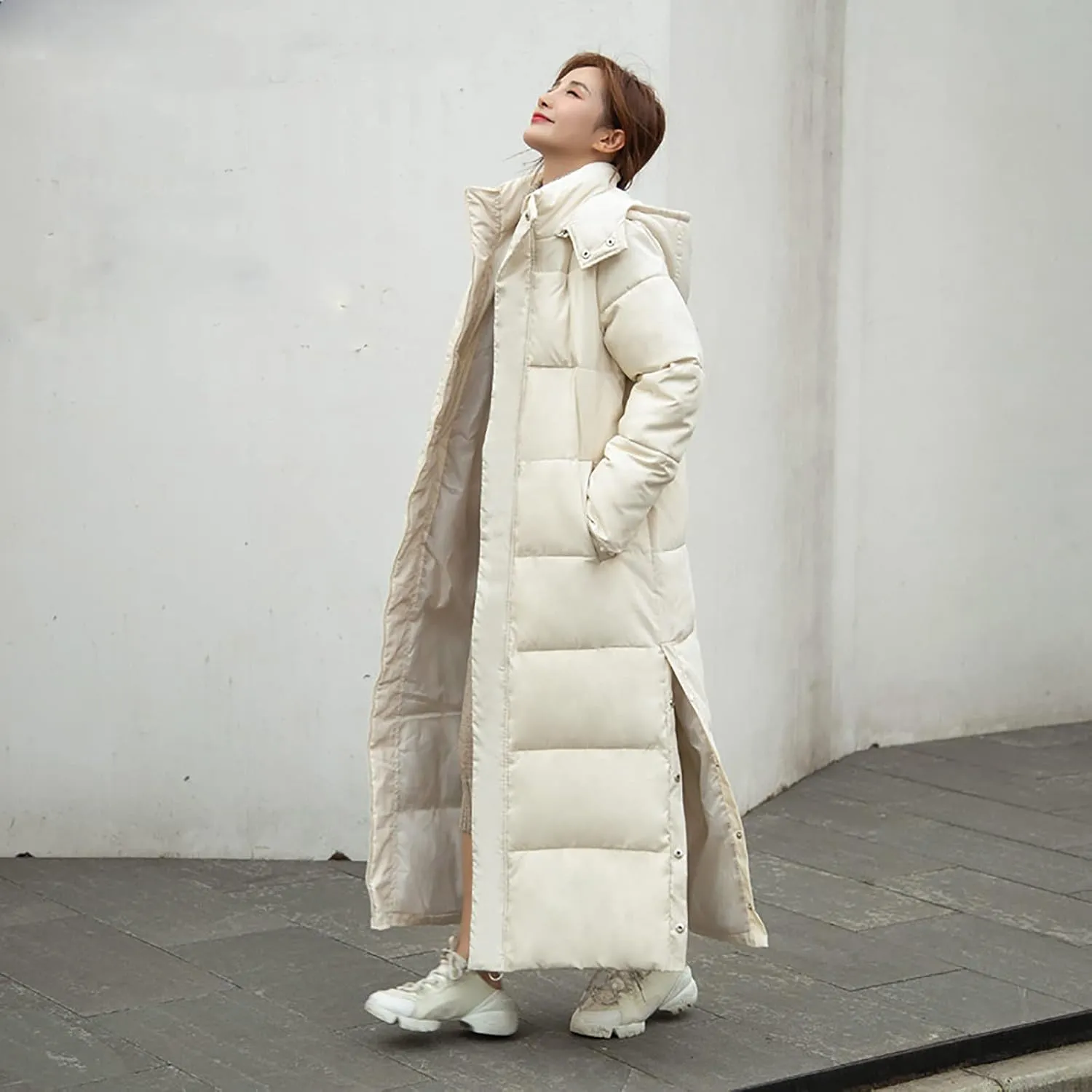 Womens Long Hood Puffer Jackets Winter Warm Down Coats Thicken Button Side Split Quilted Lightweight Jackets Outerwear