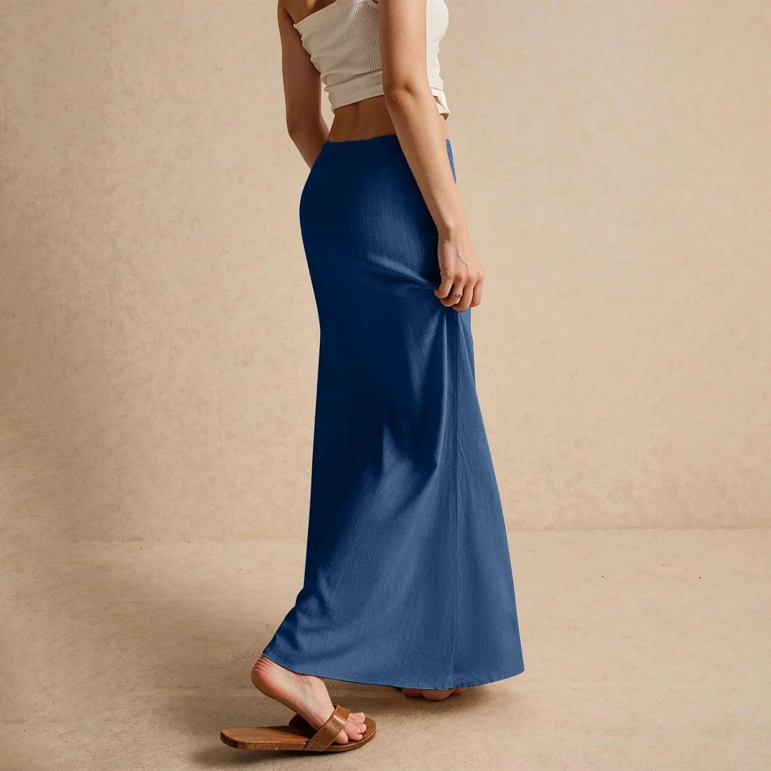 Women's Long Skirts 2025 Boho Summer Elastic Waist Solid Tie Athletic Maxi Skirt with Pockets Trendy, S-2XL