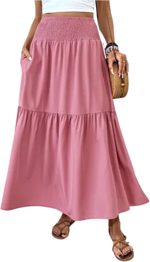 Women's Long Skirts Boho Swing Solid Stretch High Waist Tiered A-Line Maxi Skirt with Pockets, S-XL