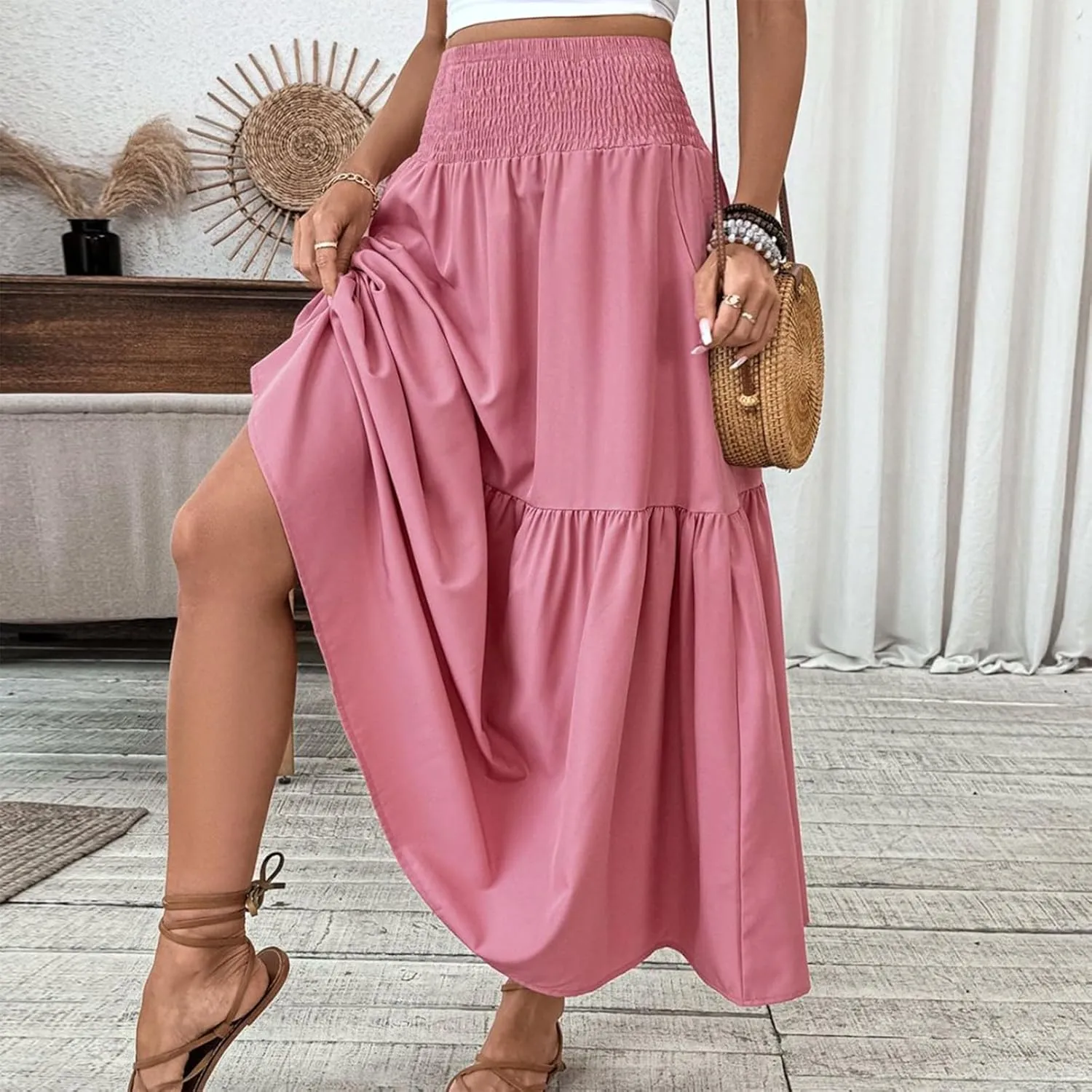 Women's Long Skirts Boho Swing Solid Stretch High Waist Tiered A-Line Maxi Skirt with Pockets, S-XL