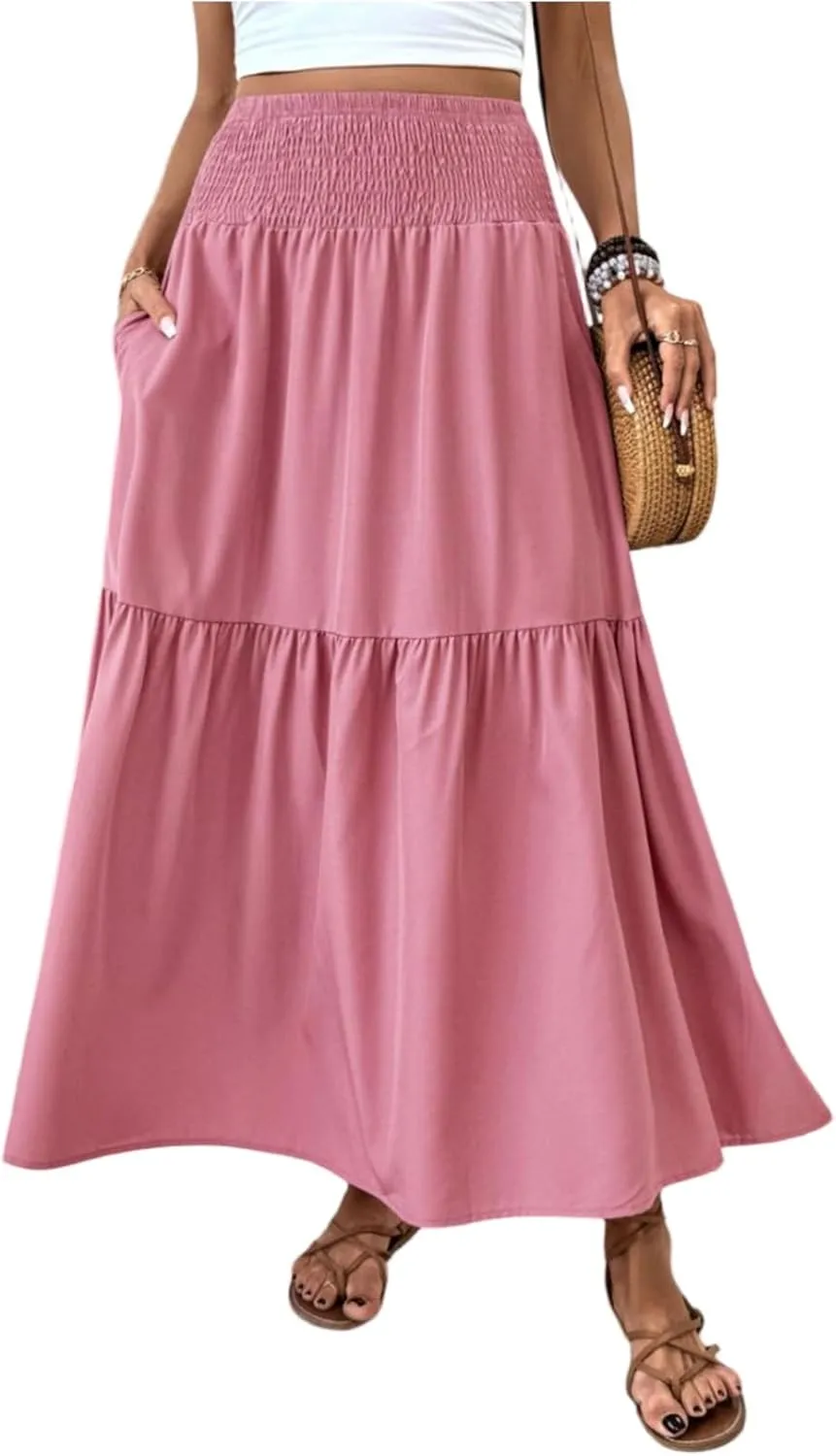 Women's Long Skirts Boho Swing Solid Stretch High Waist Tiered A-Line Maxi Skirt with Pockets, S-XL