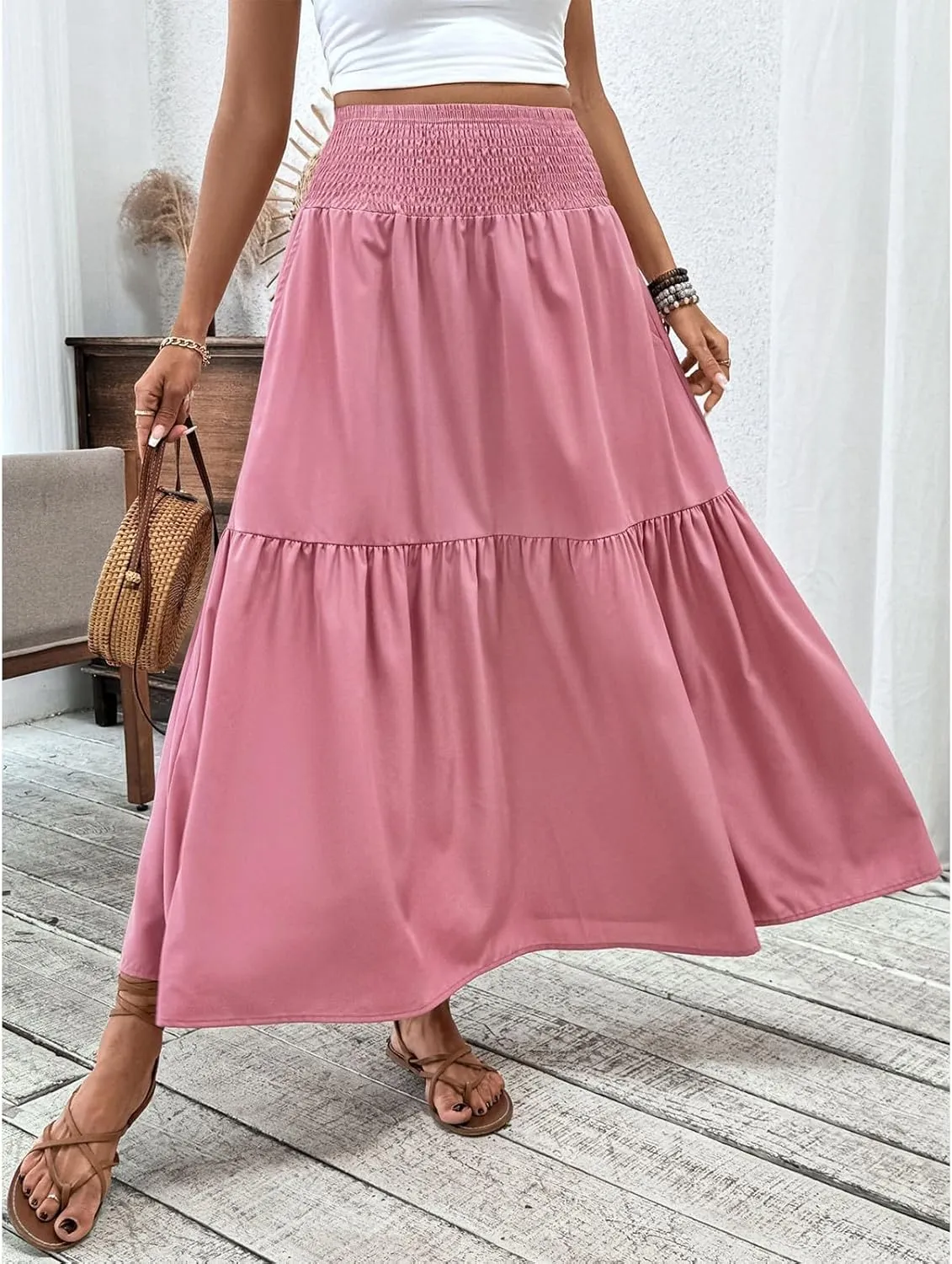 Women's Long Skirts Boho Swing Solid Stretch High Waist Tiered A-Line Maxi Skirt with Pockets, S-XL