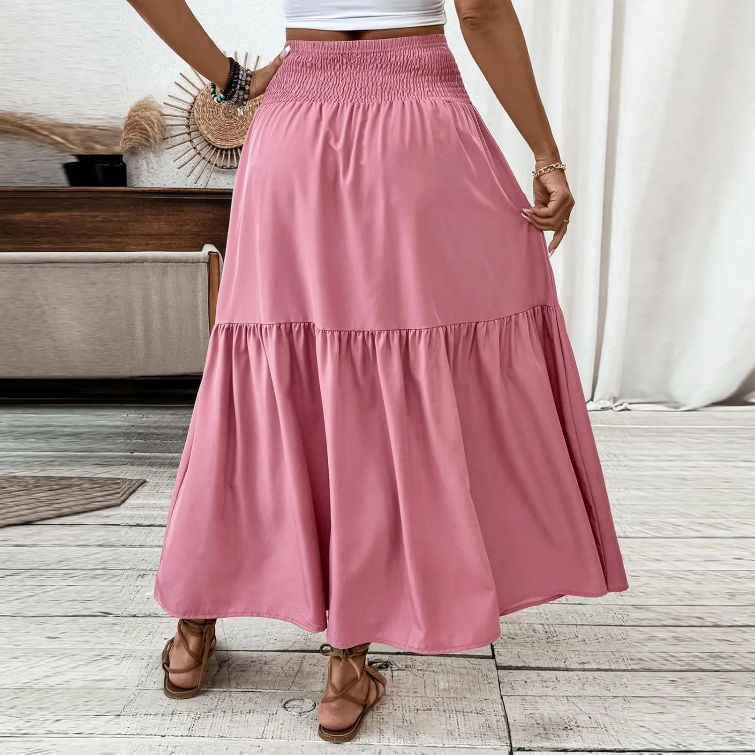 Women's Long Skirts Boho Swing Solid Stretch High Waist Tiered A-Line Maxi Skirt with Pockets, S-XL