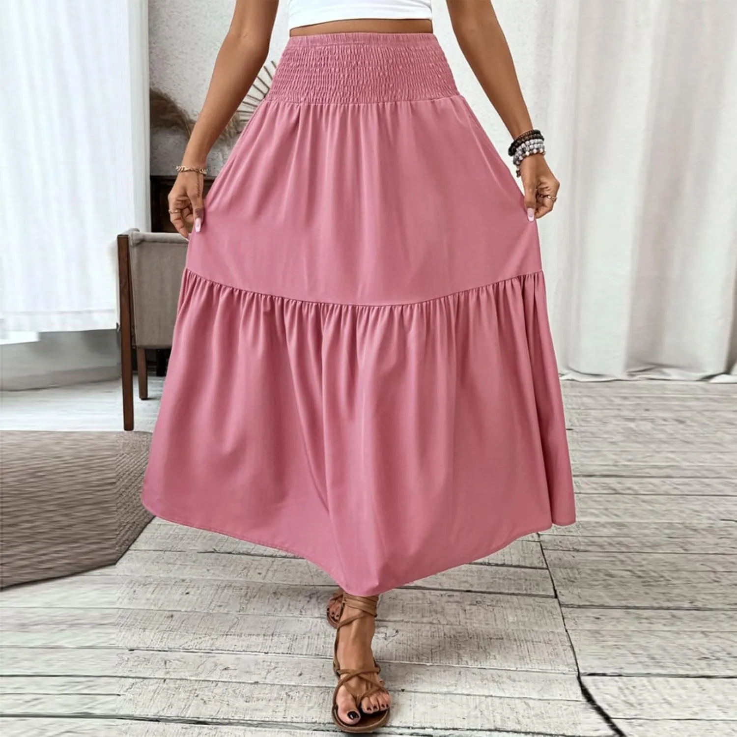 Women's Long Skirts Boho Swing Solid Stretch High Waist Tiered A-Line Maxi Skirt with Pockets, S-XL