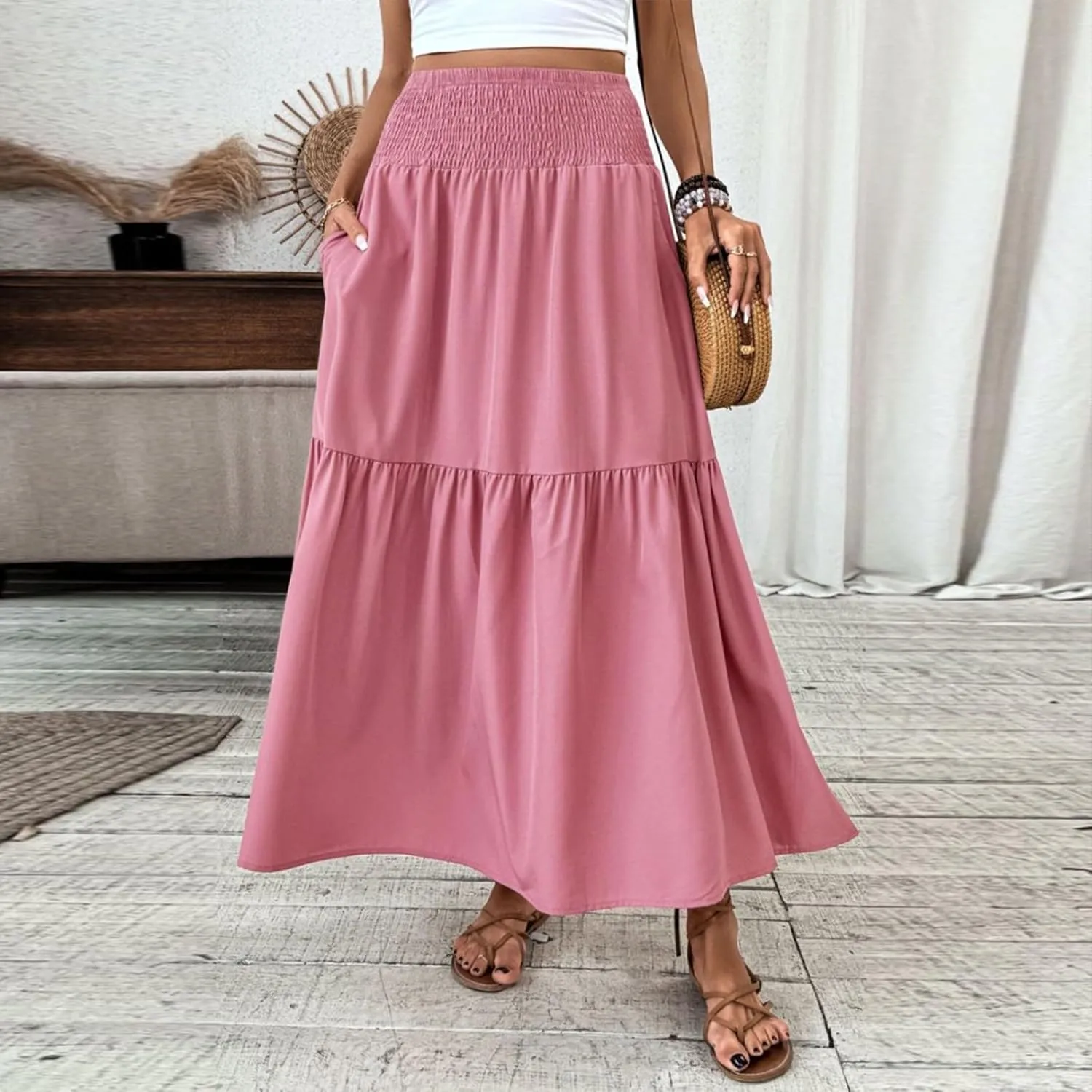 Women's Long Skirts Boho Swing Solid Stretch High Waist Tiered A-Line Maxi Skirt with Pockets, S-XL