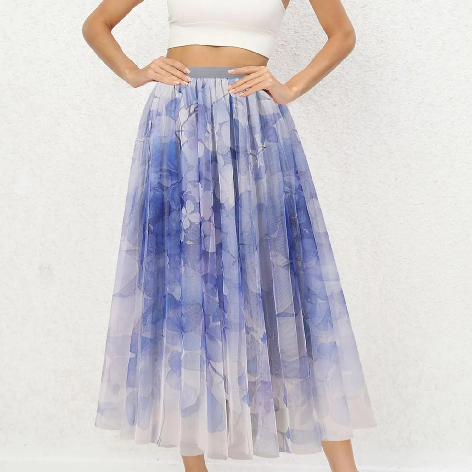 Women's Long Tulle Casual Skirts Boho Floral Printed Mesh Long Skirt Elastic High Waist A-Line Maxi Skirts for Women