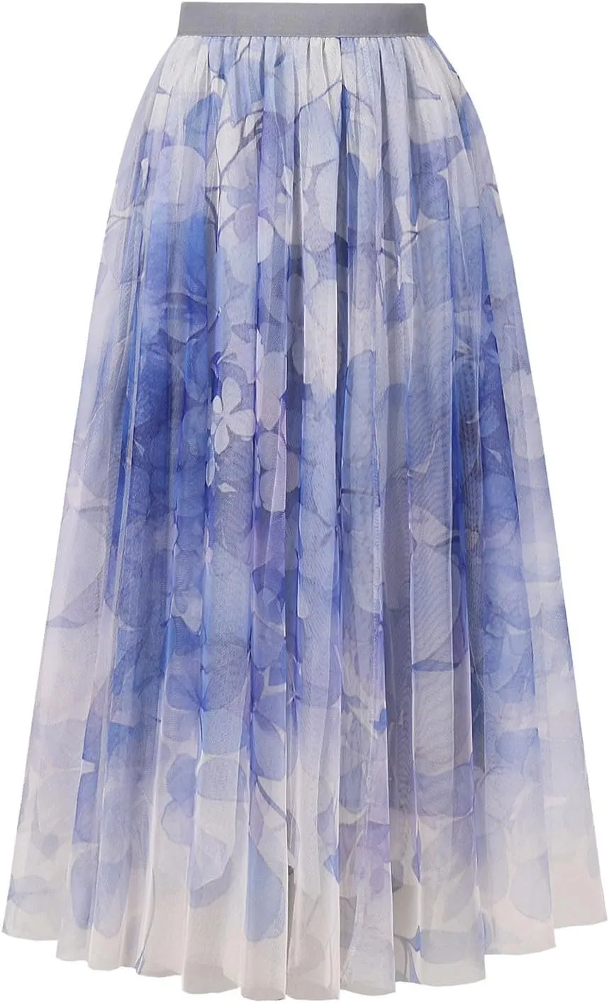 Women's Long Tulle Casual Skirts Boho Floral Printed Mesh Long Skirt Elastic High Waist A-Line Maxi Skirts for Women