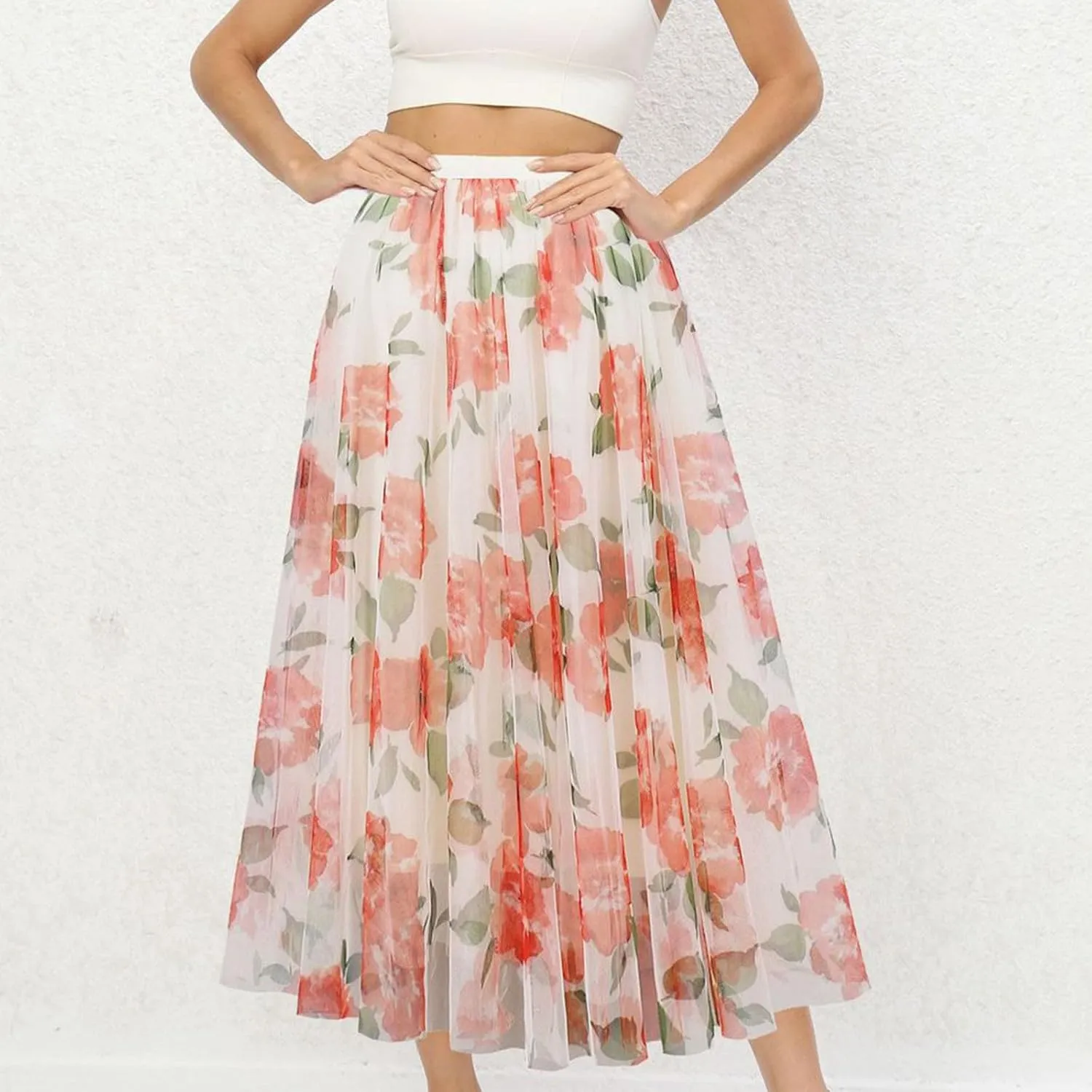 Women's Long Tulle Casual Skirts Boho Floral Printed Mesh Long Skirt Elastic High Waist A-Line Maxi Skirts for Women