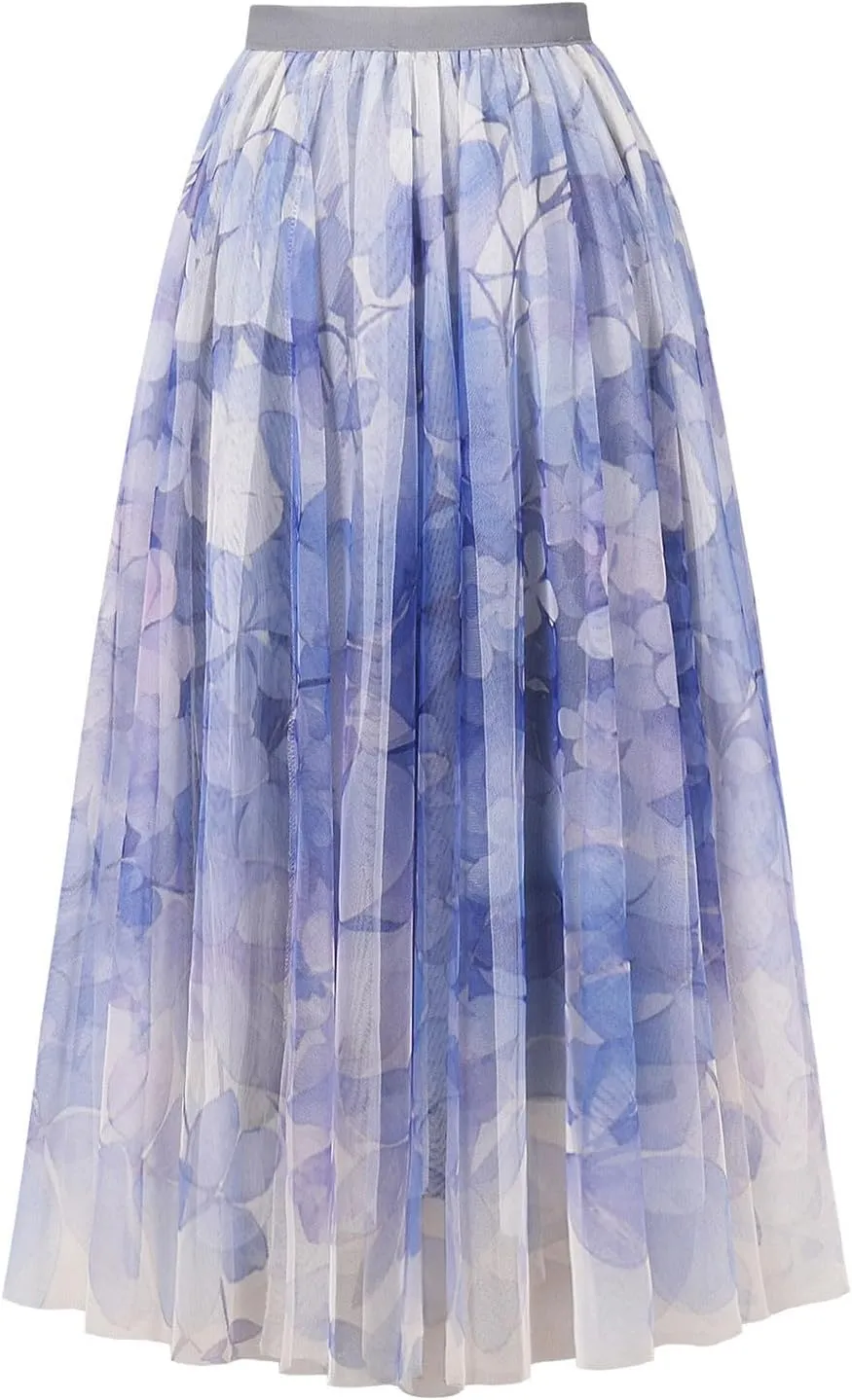 Women's Long Tulle Casual Skirts Boho Floral Printed Mesh Long Skirt Elastic High Waist A-Line Maxi Skirts for Women