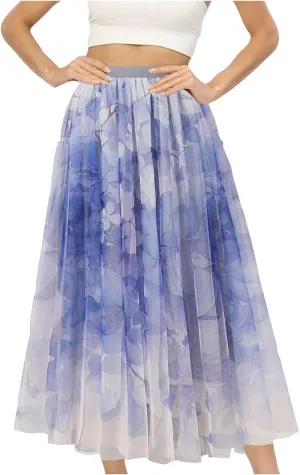Women's Long Tulle Casual Skirts Boho Floral Printed Mesh Long Skirt Elastic High Waist A-Line Maxi Skirts for Women