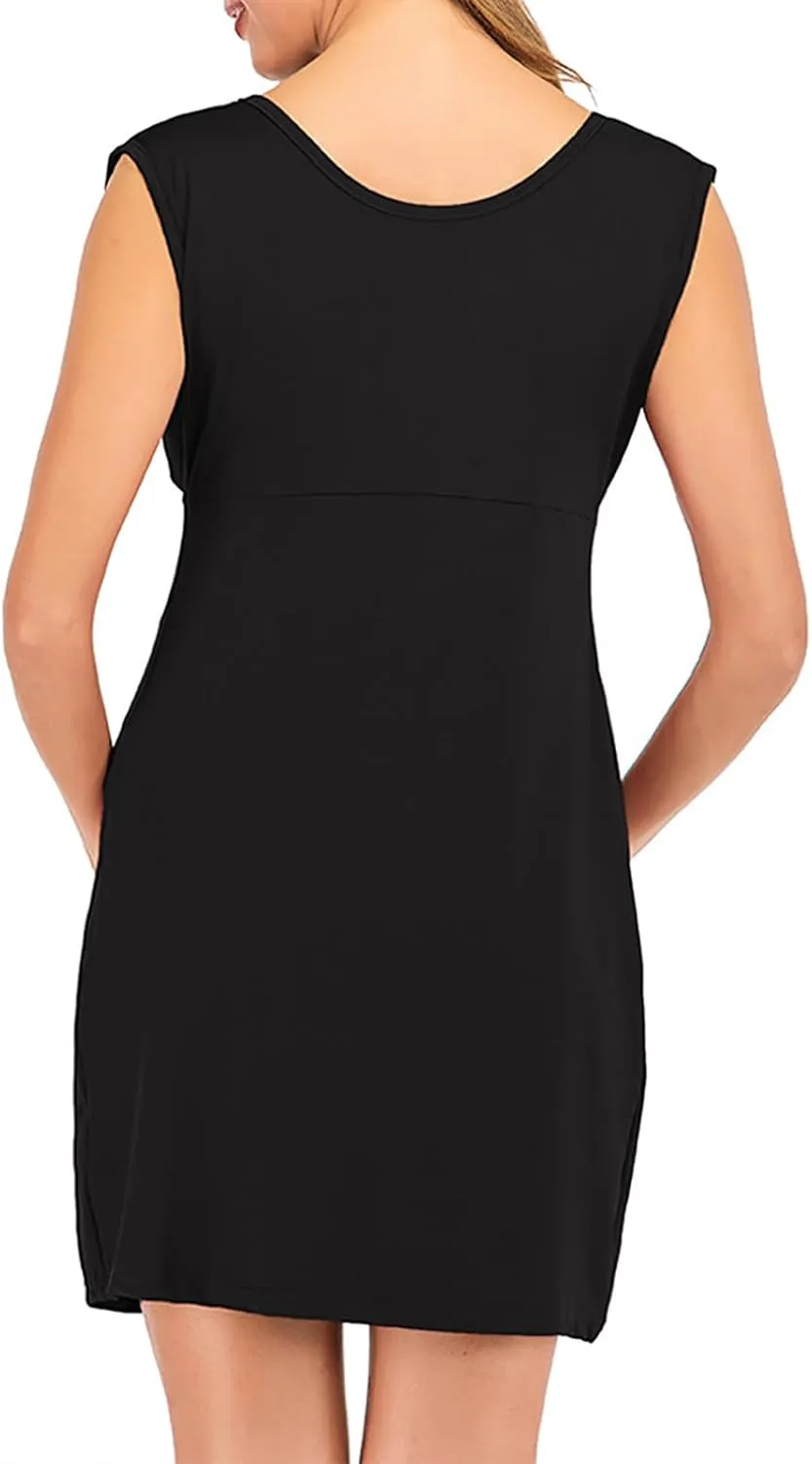 Women's Maternity Solid Sleeveless Round Neck Flare Hem Dress Casual High Waist A Line Dresses Flared Pregnancy Tank Dresses