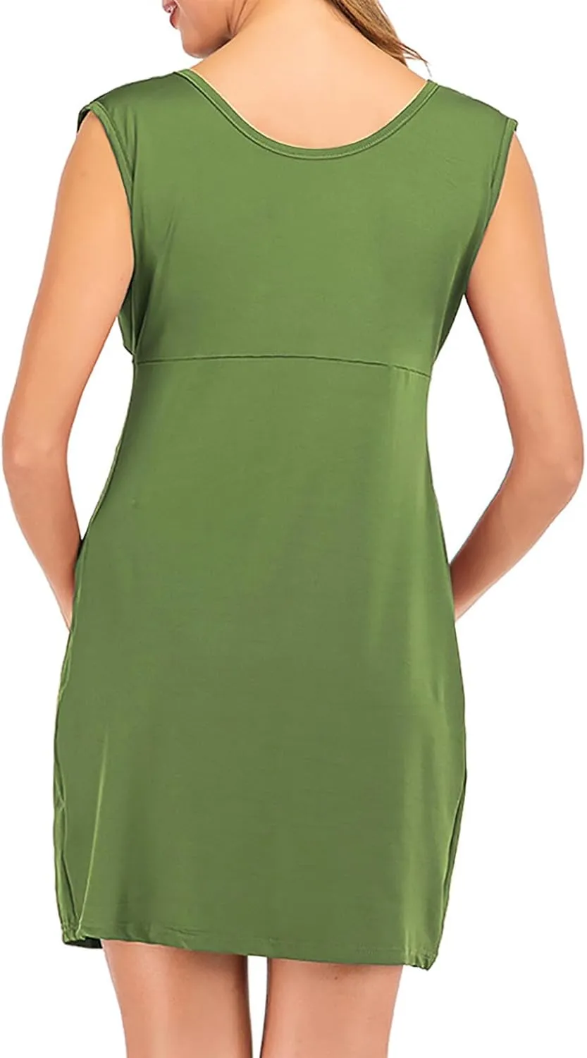 Women's Maternity Solid Sleeveless Round Neck Flare Hem Dress Casual High Waist A Line Dresses Flared Pregnancy Tank Dresses