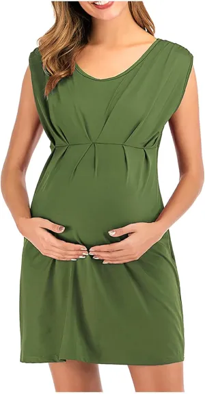 Women's Maternity Solid Sleeveless Round Neck Flare Hem Dress Casual High Waist A Line Dresses Flared Pregnancy Tank Dresses