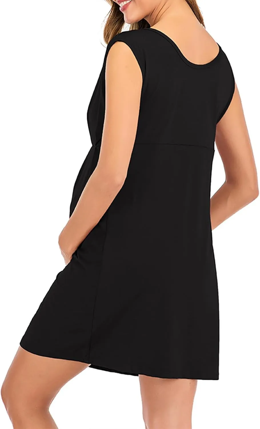 Women's Maternity Solid Sleeveless Round Neck Flare Hem Dress Casual High Waist A Line Dresses Flared Pregnancy Tank Dresses