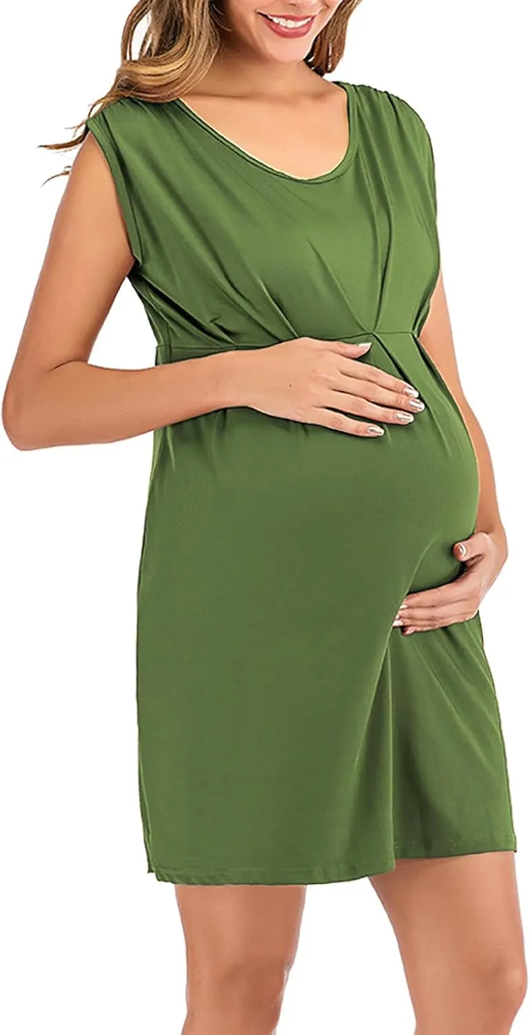 Women's Maternity Solid Sleeveless Round Neck Flare Hem Dress Casual High Waist A Line Dresses Flared Pregnancy Tank Dresses