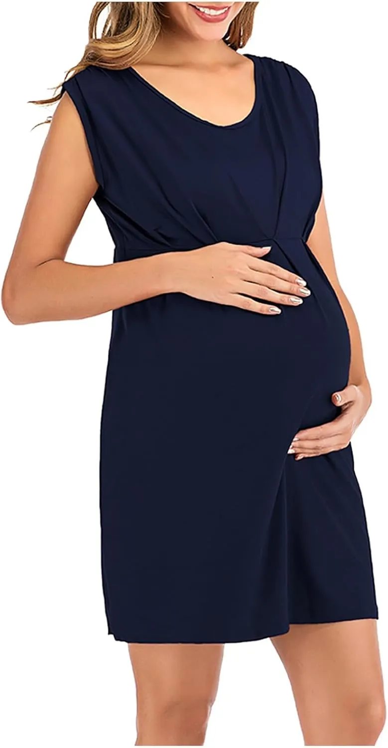 Women's Maternity Solid Sleeveless Round Neck Flare Hem Dress Casual High Waist A Line Dresses Flared Pregnancy Tank Dresses