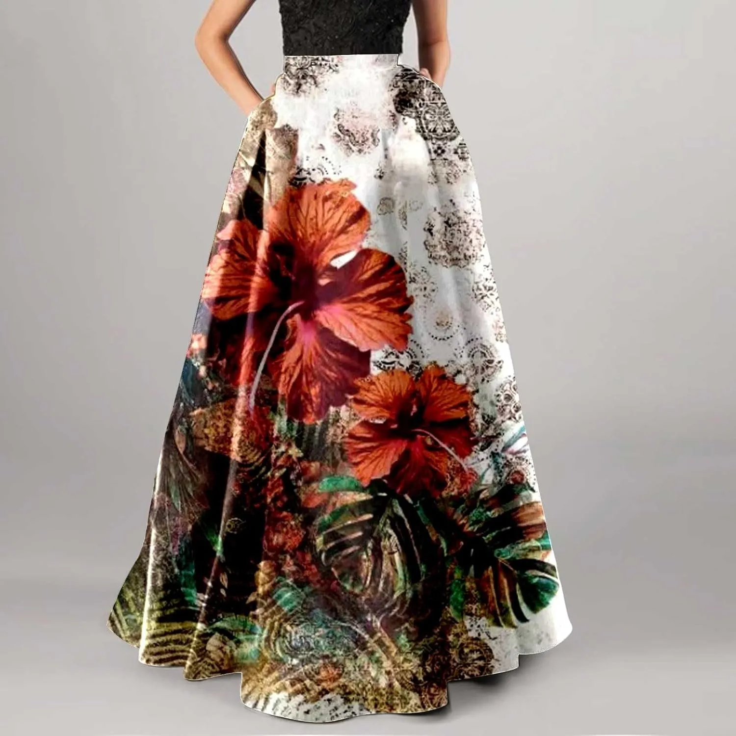 Womens Maxi Skirt Summer Boho Elastic Long Skirts Pleated Dress A Line Plus Size Tiered Beach Vacation Clothing