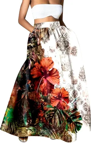Womens Maxi Skirt Summer Boho Elastic Long Skirts Pleated Dress A Line Plus Size Tiered Beach Vacation Clothing