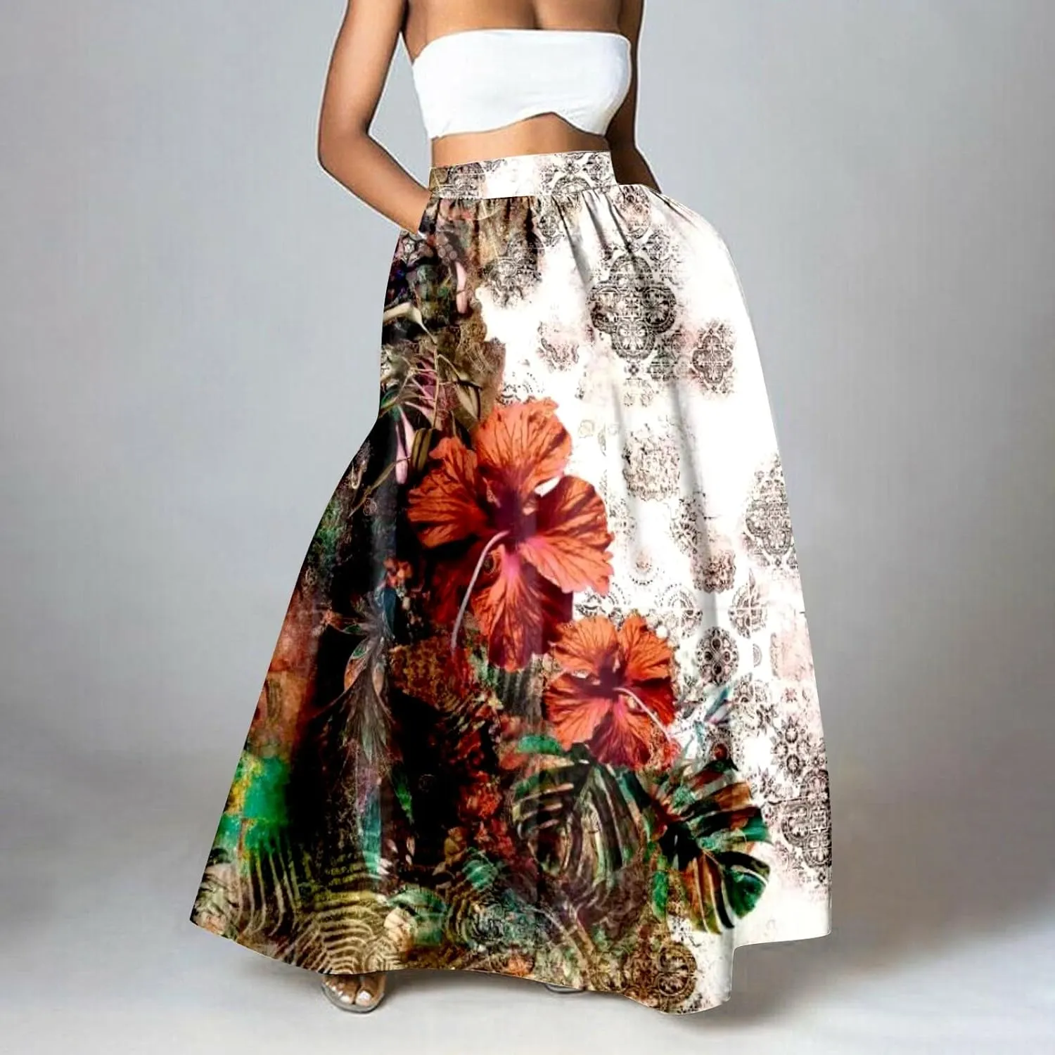 Womens Maxi Skirt Summer Boho Elastic Long Skirts Pleated Dress A Line Plus Size Tiered Beach Vacation Clothing