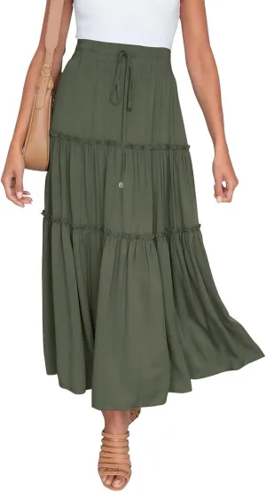Womens Maxi Skirt Trendy Casual Flowy A Line Drawstring Elastic Waist Tiered Ruffle Pleated Swing Boho Long Skirt