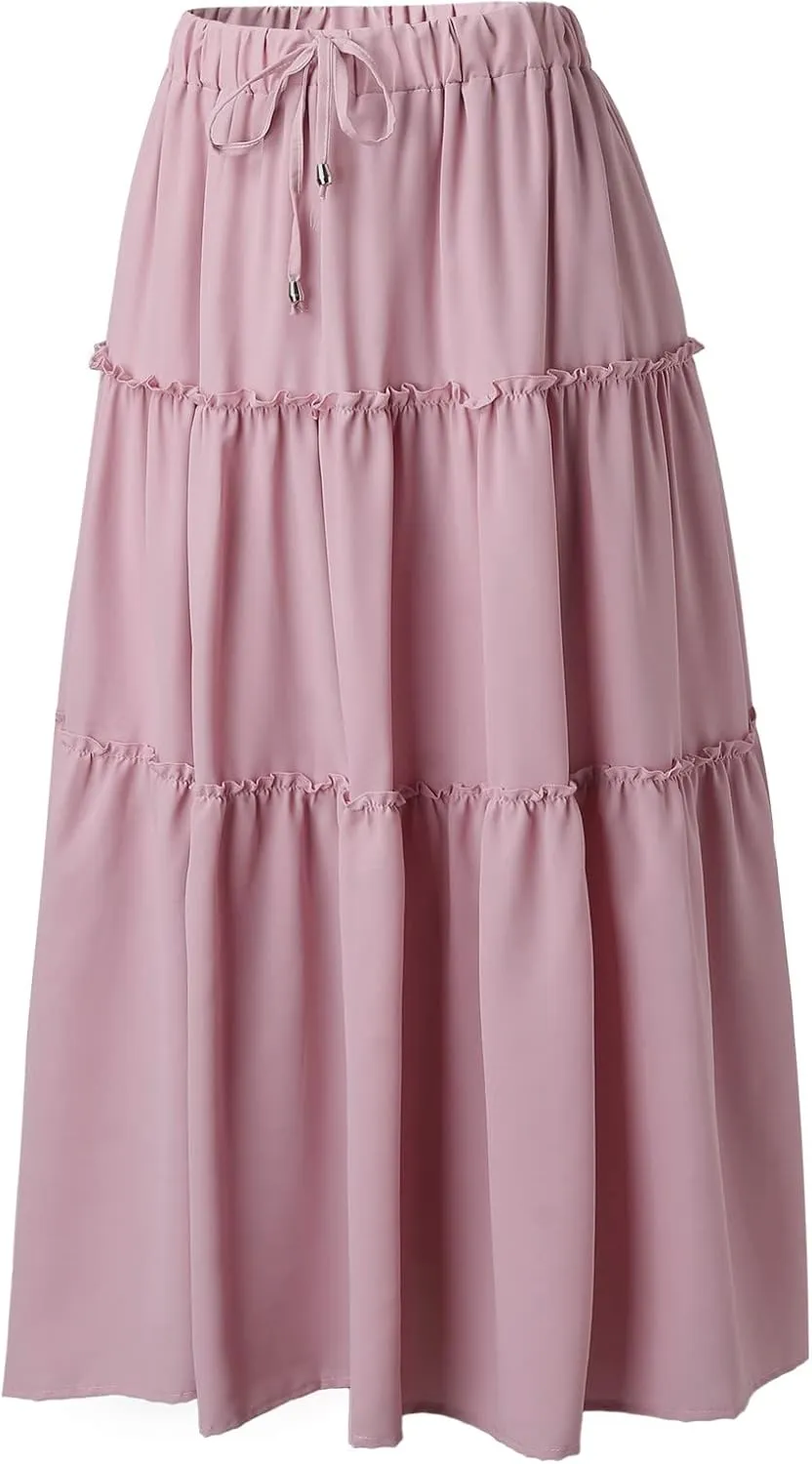 Womens Maxi Skirt Trendy Casual Flowy A Line Drawstring Elastic Waist Tiered Ruffle Pleated Swing Boho Long Skirt