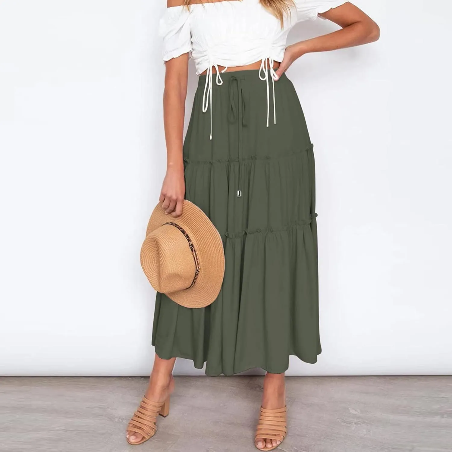 Womens Maxi Skirt Trendy Casual Flowy A Line Drawstring Elastic Waist Tiered Ruffle Pleated Swing Boho Long Skirt